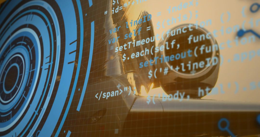 Camera Lens and Digital Code Overlay in Studio Setting