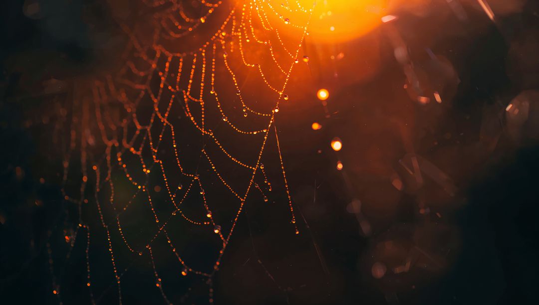 Dew-Covered Spider Web Illuminated by Morning Sunlight