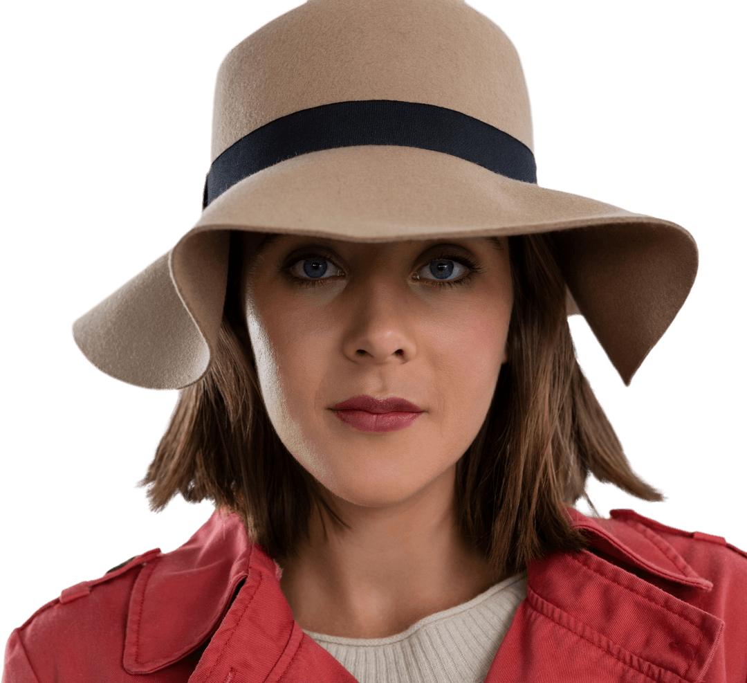 Elegant Woman Wearing Hat with Neutral Expression on Transparent Background