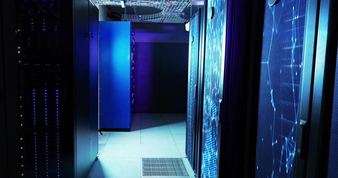 Illuminated Data Center Aisle with Glowing Server Racks
