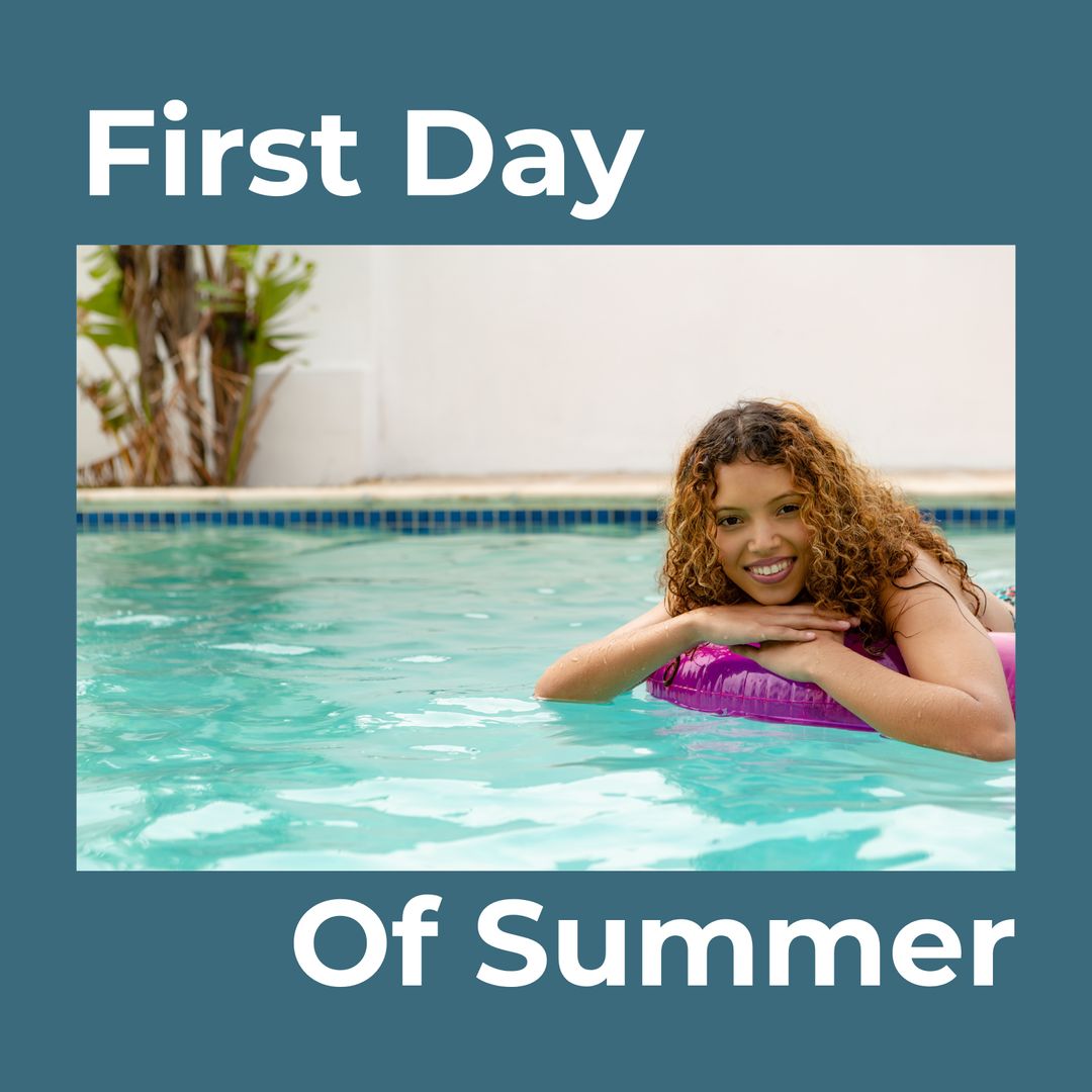 Woman Relaxing on Inflatable in Swimming Pool Celebrating Summer