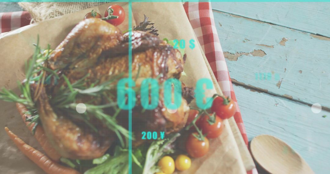 Roasting Whole Chicken with Rosemary and Cherry Tomatoes on Rustic Table with Teal Overlay