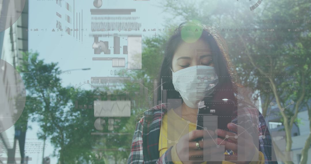 Asian Woman in Mask Using Smartphone with Data Overlay Outdoors