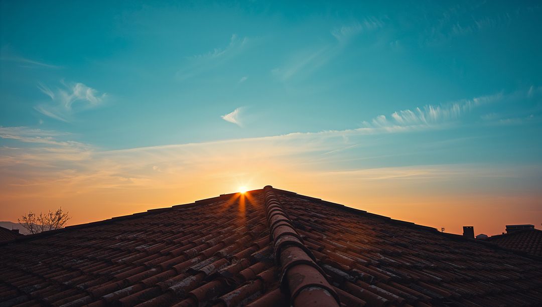 Sunset Over Roof with Red Tiles and Vibrant Sky