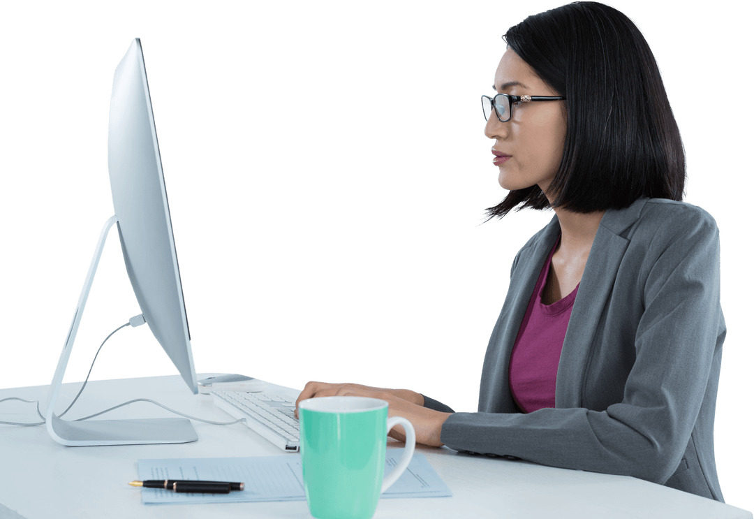 Transparent Professional Woman Using Computer with Focus