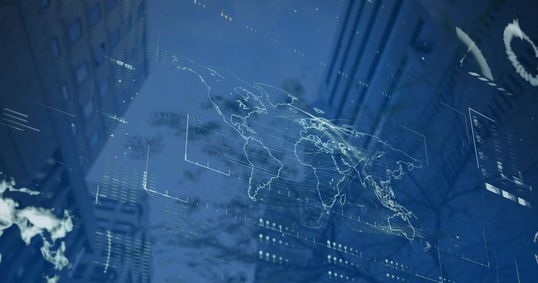 Digital Data Interface with Transparent World Map and Skyscrapers