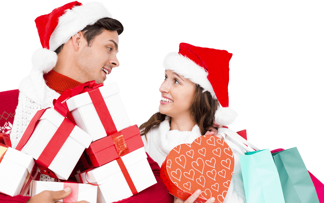 Smiling Couple with Santa Hats Carrying Christmas Gifts on Transparent Background