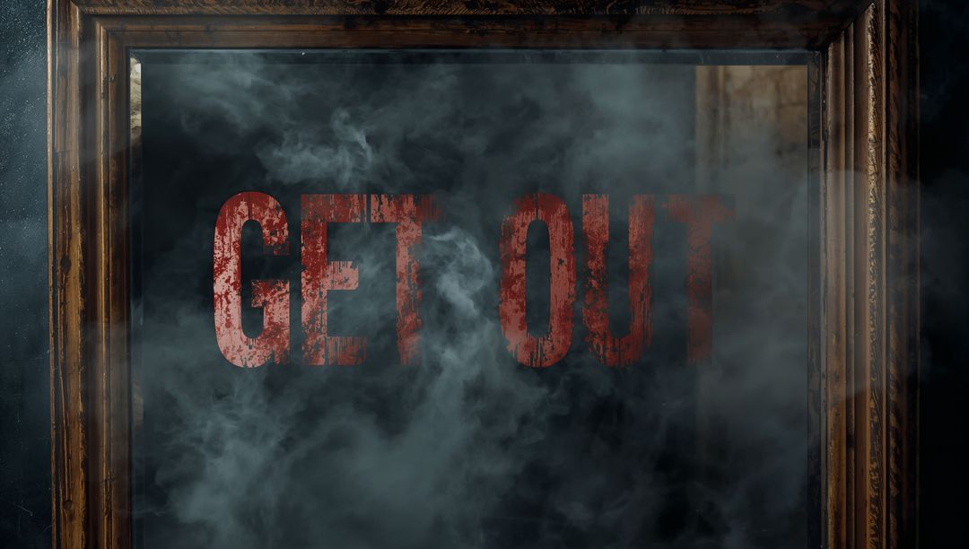 Smoky Mirror with Red 'Get Out' in Ornate Frame