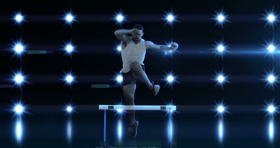 Athletic Hurdler Practicing with Dazzling Light Effects