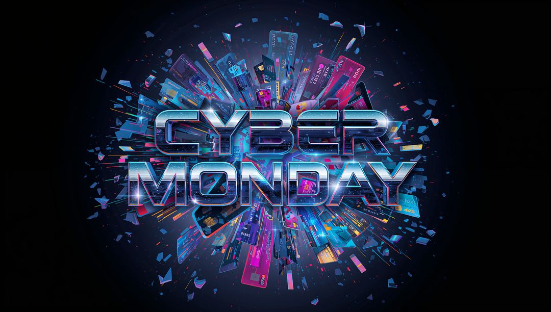Glowing Chrome Cyber Monday Explosion with Neon Credit Cards, Sale Tags and Digital Shards