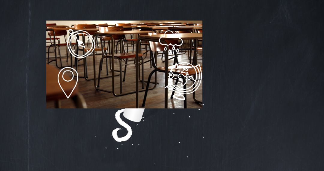 Modern Classroom Concept with Technology Icons and Chalkboard