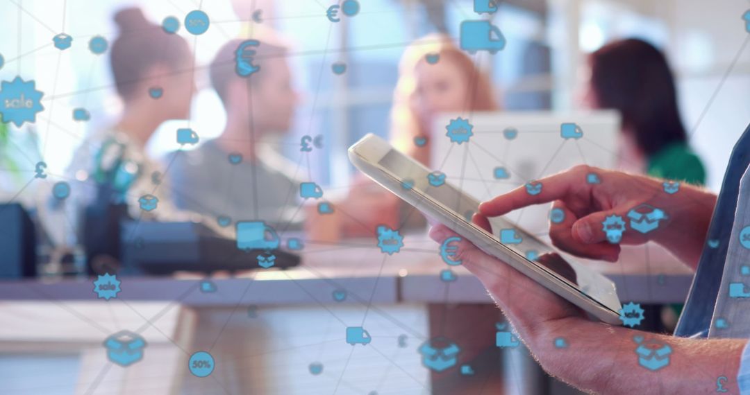 Business Team Collaborating with Digital Network Icons Overlay