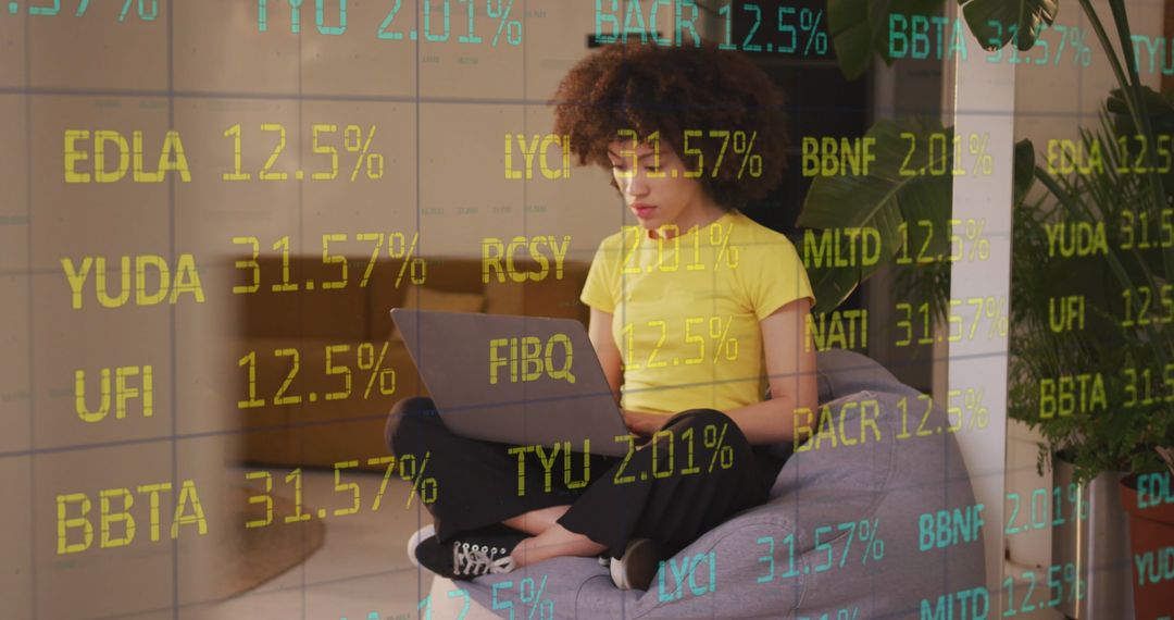 Businesswoman Analyzing Stock Data on Laptop with Futuristic Interface