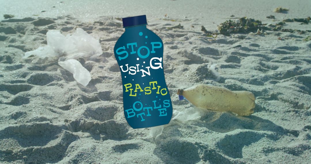 Stop Pollution Message on Plastic-Littered Beach