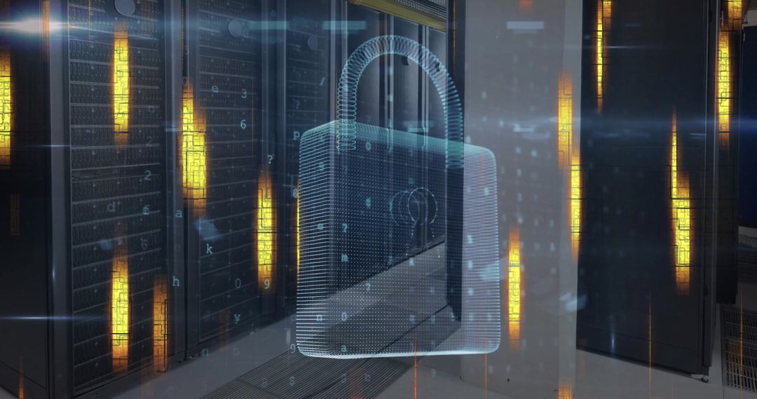 Cybersecurity Symbol with Padlock in Data Center