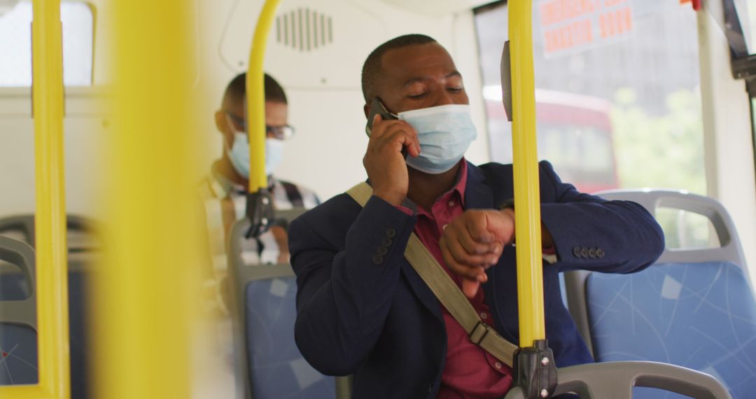 Businessman in Face Mask Commuting on Public Transport during Pandemic
