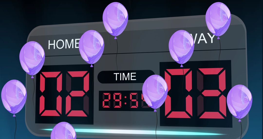 Colorful Balloons Floating Over Digital Scoreboard