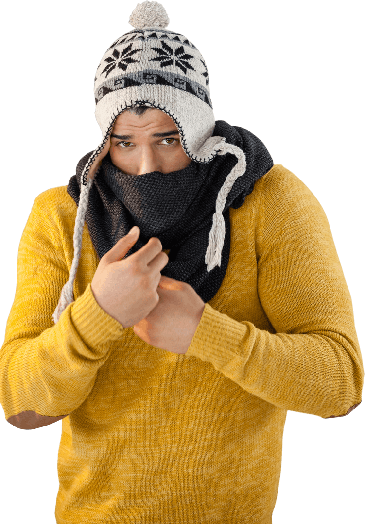 Man Bundled in Warm Clothing with Transparent Background