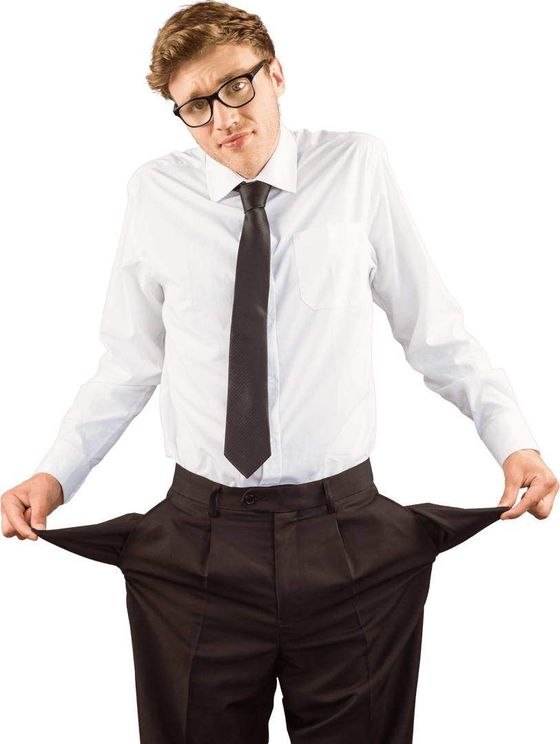 Transparent Background: Businessman Displaying Empty Pockets