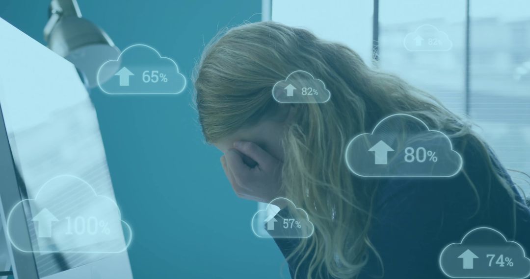 Stressed Businesswoman Analyzing Cloud Computing Data Percentages