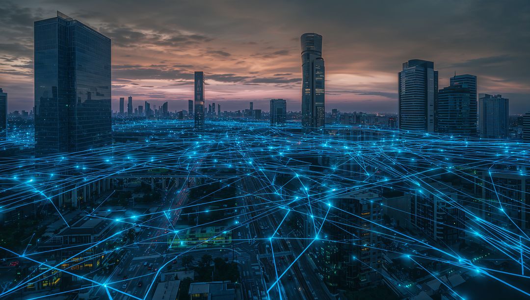 Futuristic Cityscape with Digital Network at Dusk