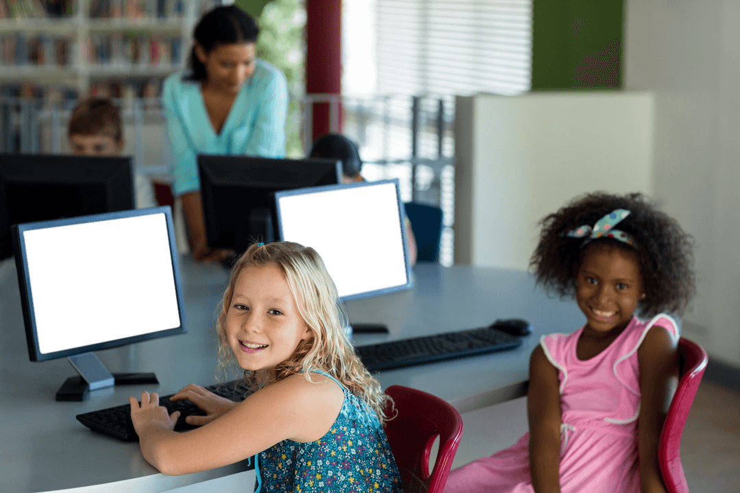 Schoolgirls Collaborate at Computers in Transparent Background Classroom