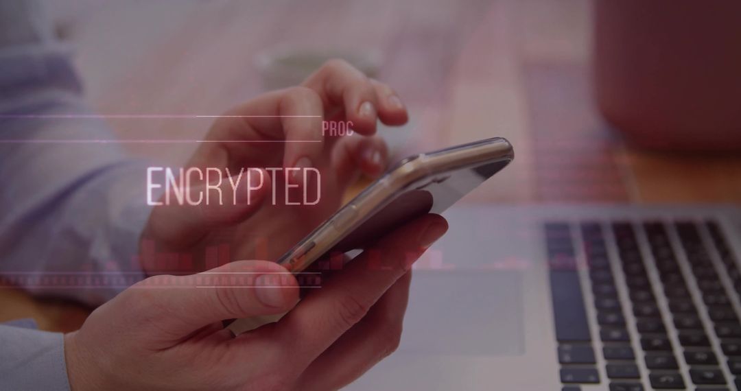 Person Using Smartphone with Encrypted Digital Overlay