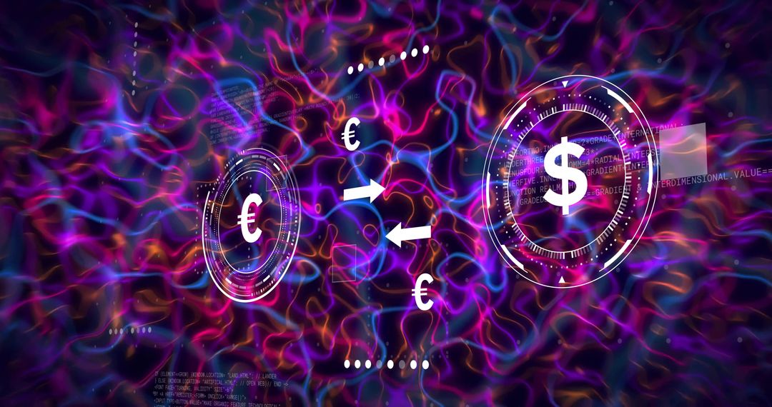 Futuristic neon forex exchange HUD showing dollar and euro icons with glowing waves