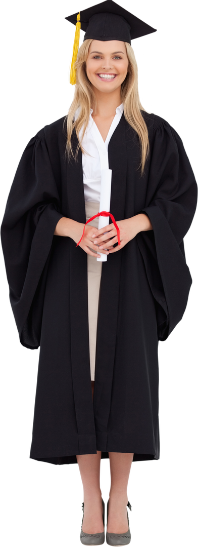 Smiling blonde student in graduate robe holding diploma isolated on transparent background - Download Free Stock Images Pikwizard.com