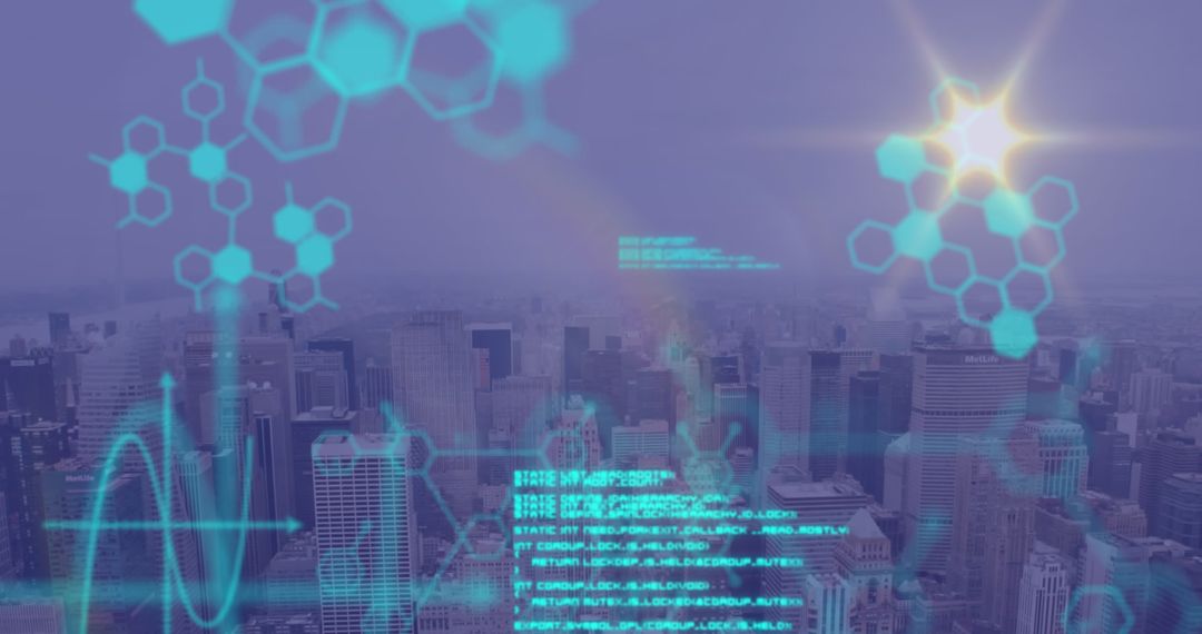 Abstract Cityscape with Digital Data Overlay Illustrating Technology and Business