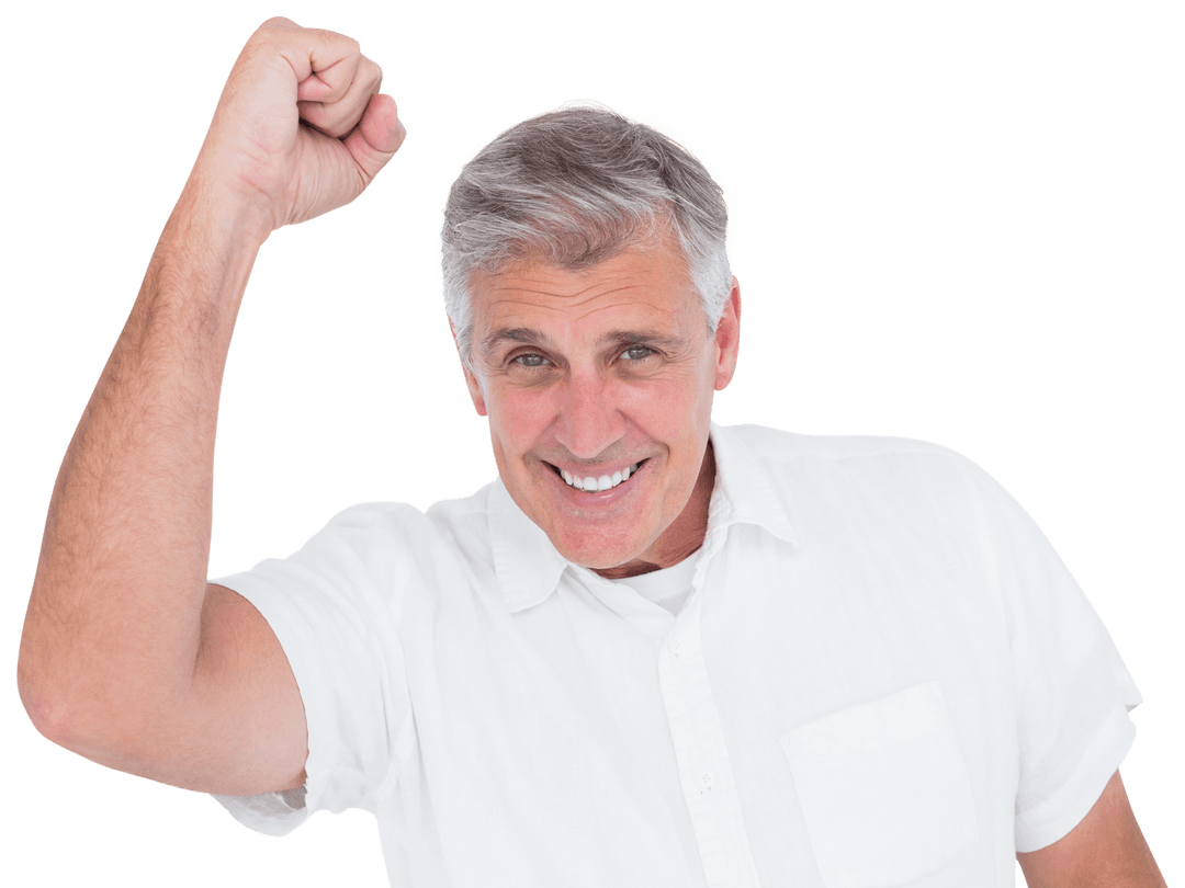 Joyful Mature Man Cheering with Raised Fist Transparent Background
