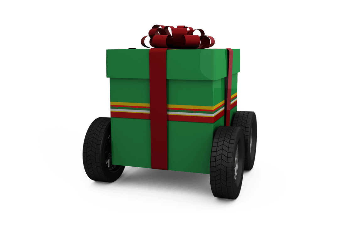 Transparent Green Gift Box on Wheels with Red Ribbon Decoration