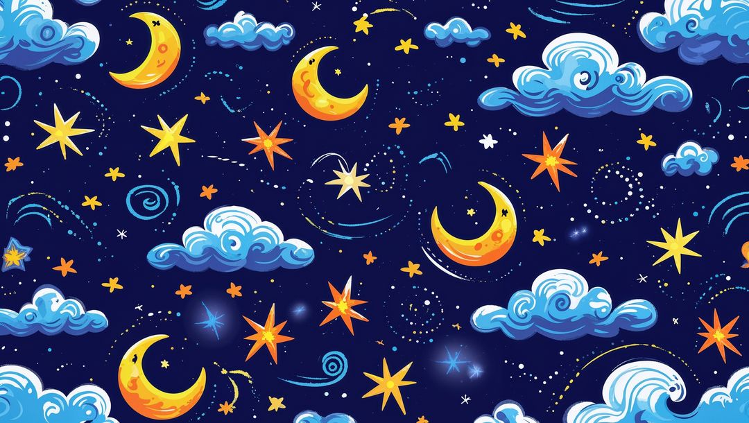 Dreamy Night Sky Pattern with Stars, Moons, and Clouds