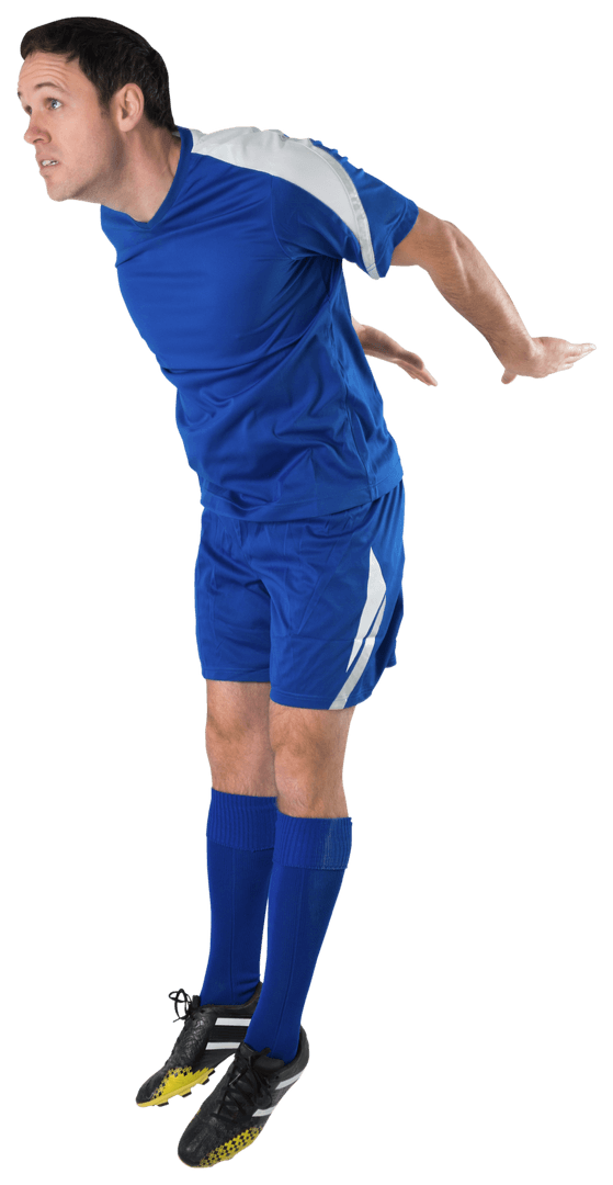 Transparent Football Player in Blue Kit Jumping Mid-Air