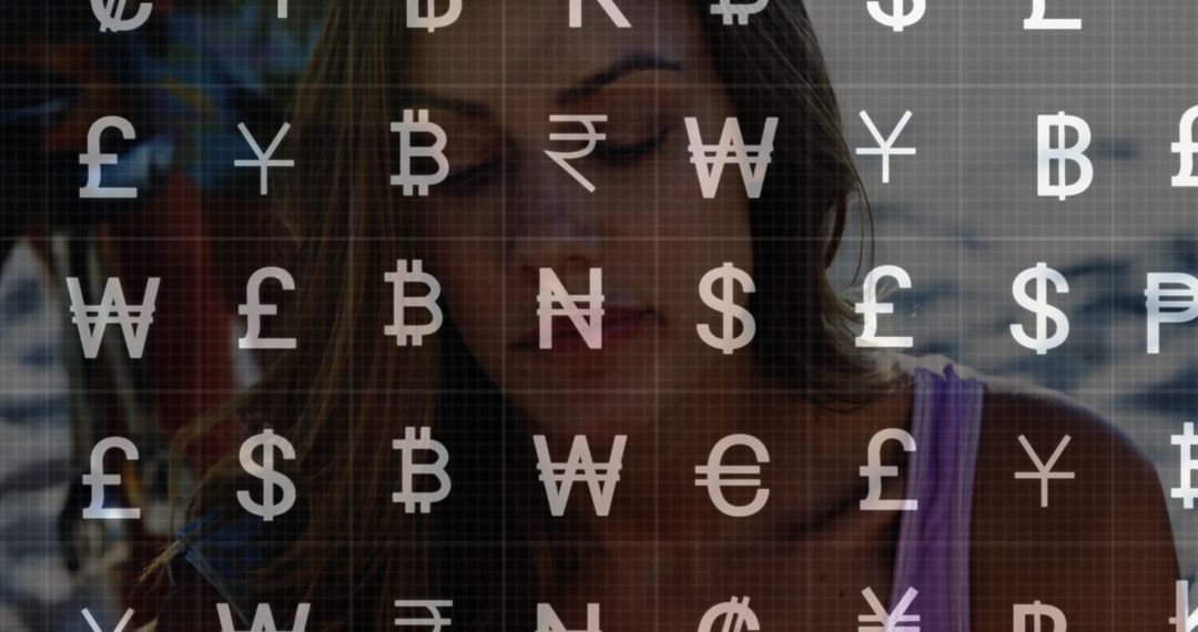 Woman Deep in Thought with Currency Symbol Overlay