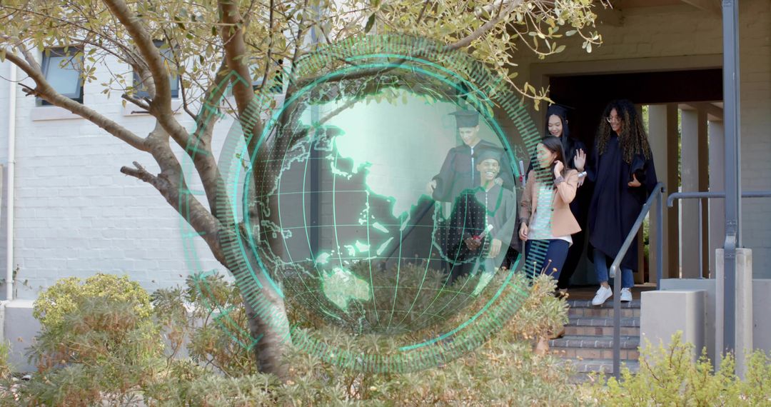 Multicultural Family Celebrating Graduates on Brick Steps with Holographic Globe Overlay