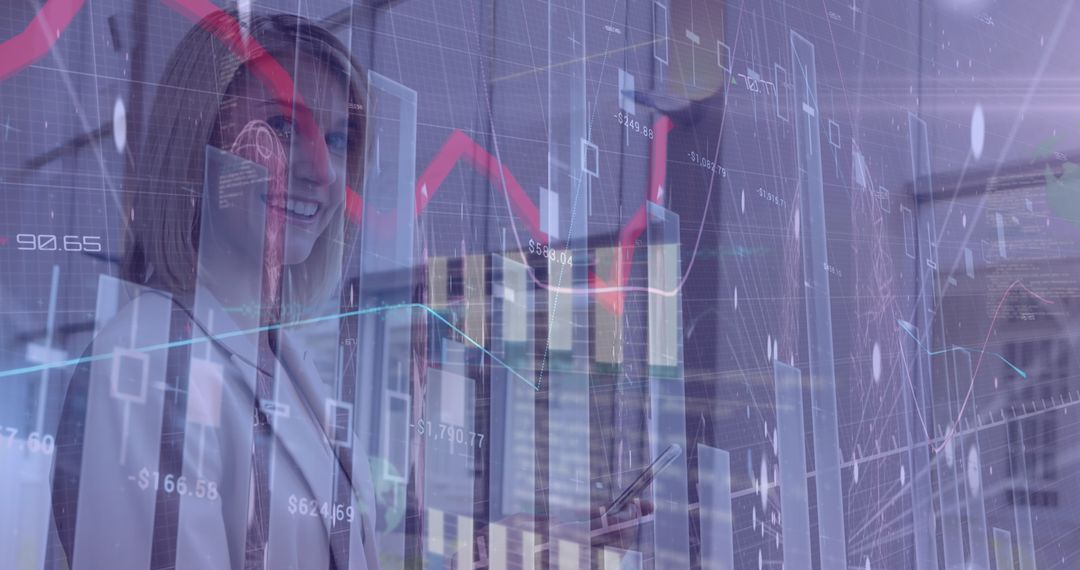 Businesswoman Utilizing Smartphone Amidst Data Analytics