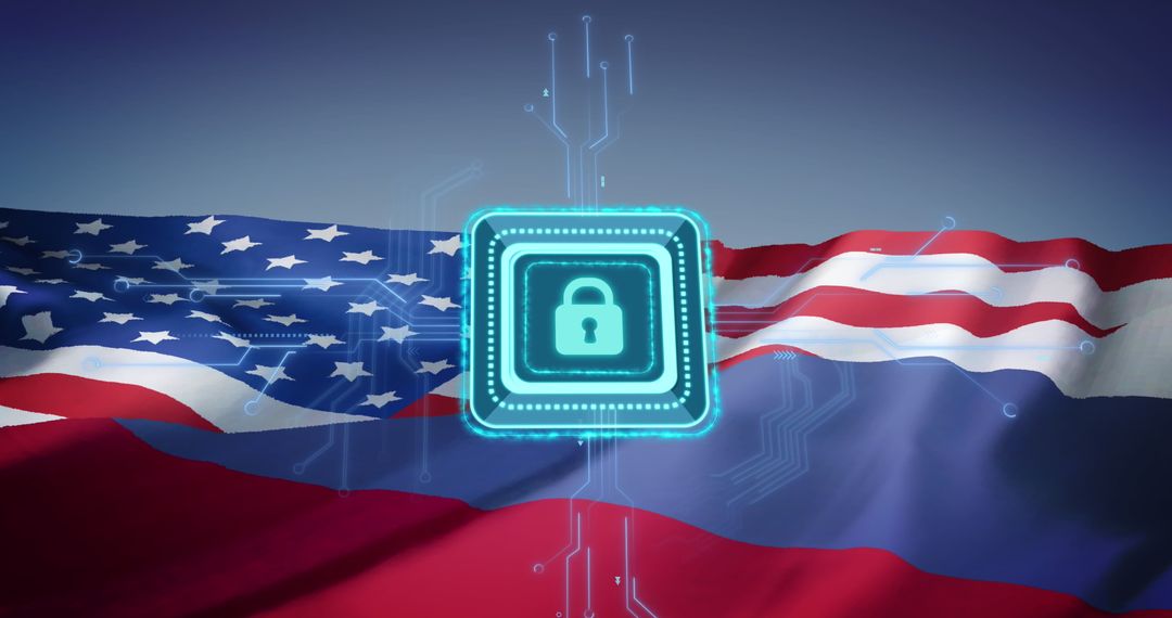 Cybersecurity Concept with USA and Russia Flags in Background