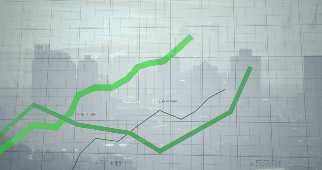 Ascending Green Line Graph Overlay on Urban Skyline for Business Growth Concept