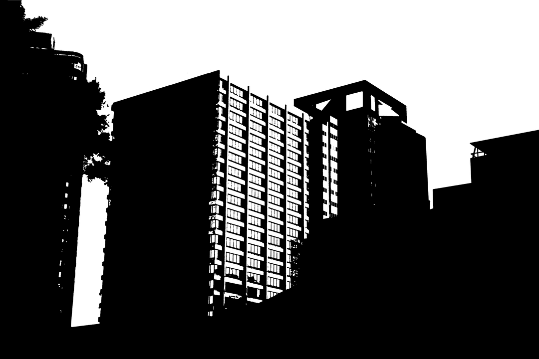 Transparent Urban Cityscape Silhouette on Clear Background