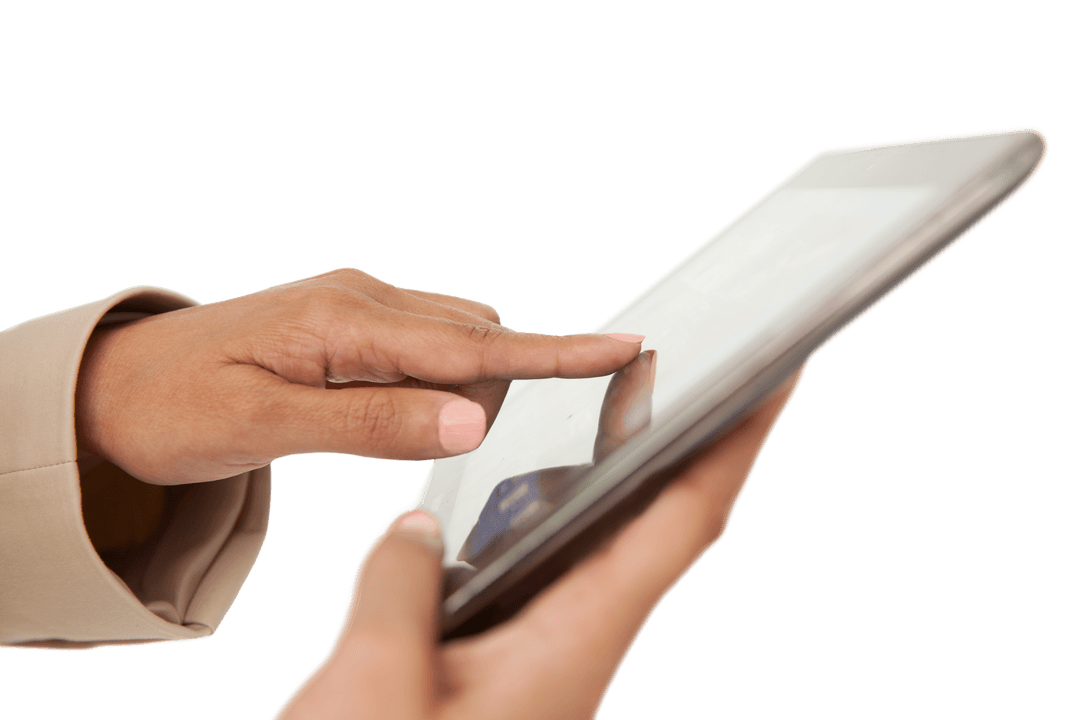 Hand of Biracial Businesswoman Using Tablet Transparent Background