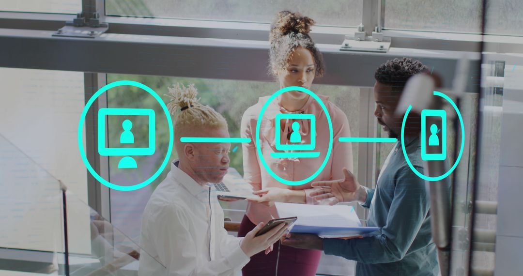 Digital Networking Icons Over Multiracial Team Collaborating