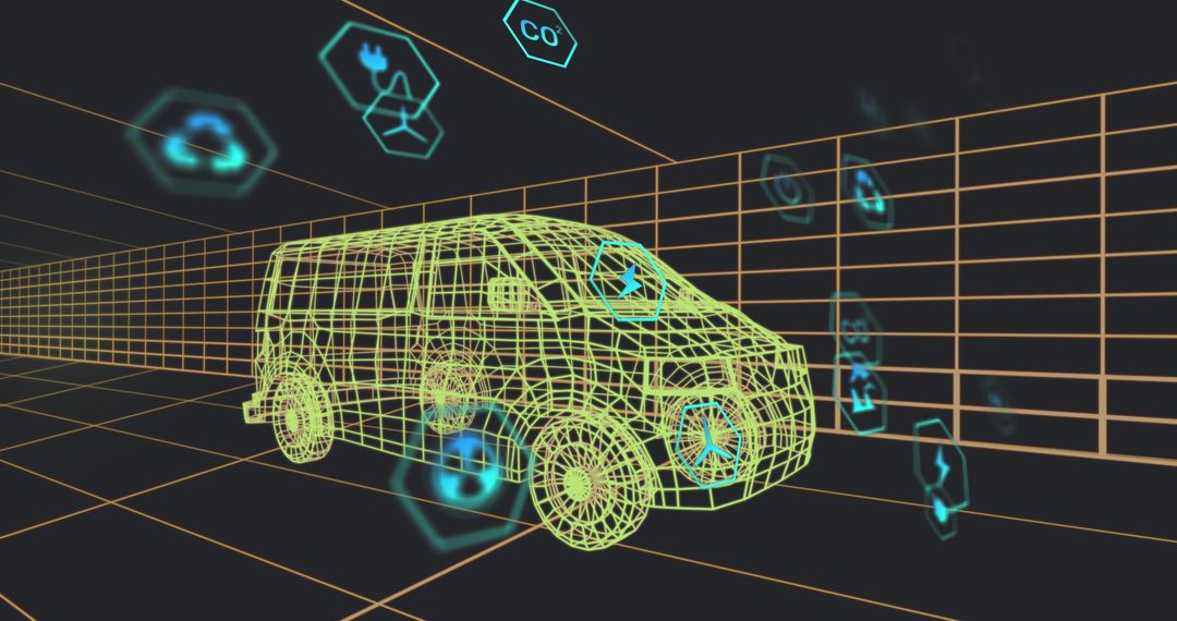 Futuristic 3D Wireframe Van with Digital Icons in Motion