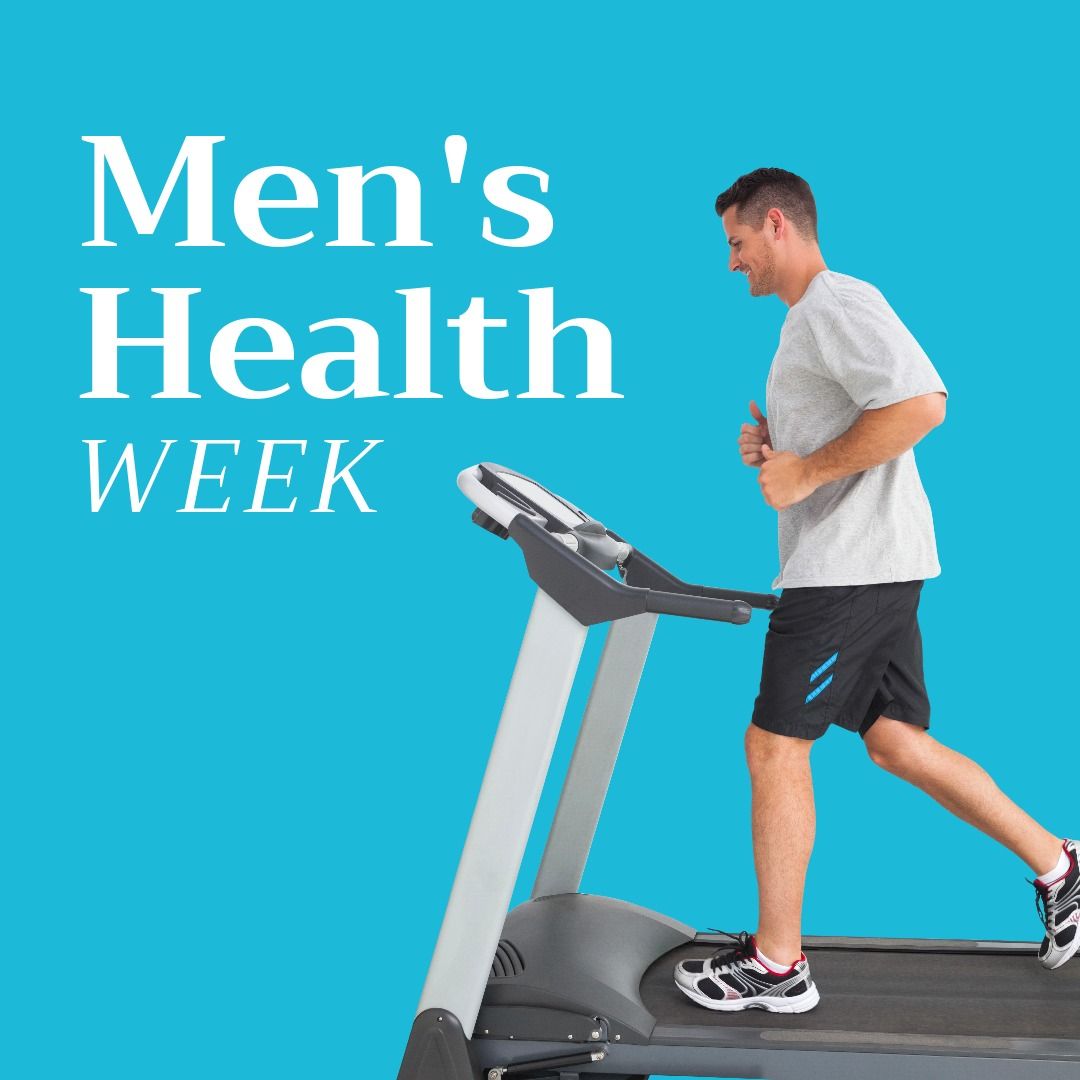 Men's health week text on copy space by caucasian man running on treadmill against blue background - Download Free Stock Templates Pikwizard.com