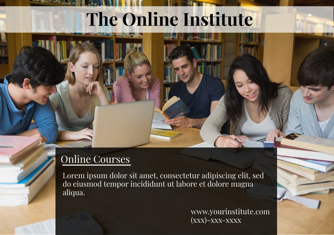 Students Engaged in Online Learning Together in Library