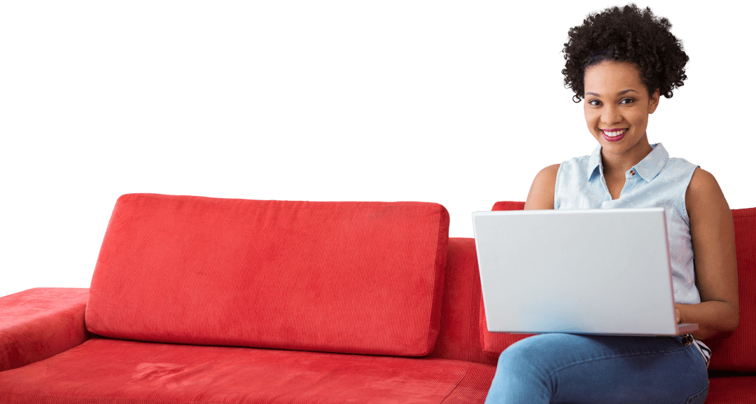 Transparent Smiling College Student with Laptop on Red Sofa