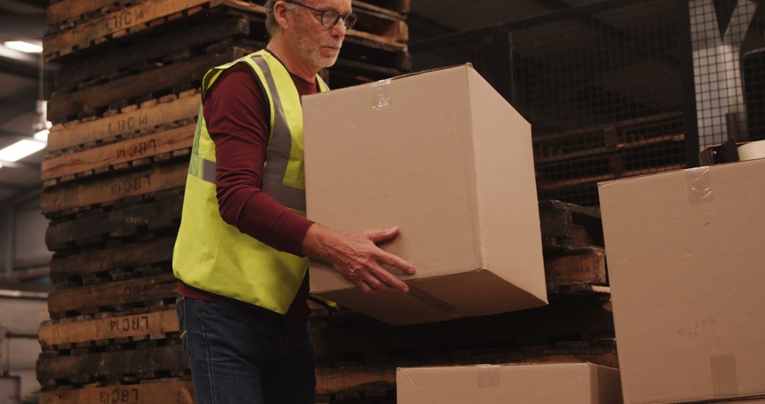 Senior Man Wearing Safety Vest Carrying Box in Warehouse - Free Images, Stock Photos and Pictures on Pikwizard.com