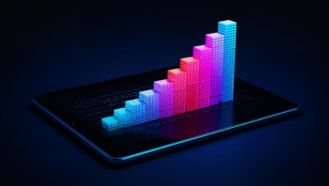 Futuristic Neon 3D Bar Chart Displayed on Digital Tablet