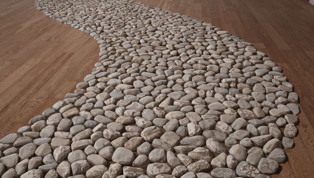 Curving River Stone Path on Hardwood Floor with Grout Texture and Minimalist Design