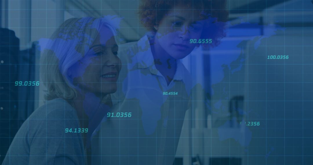 Two Professional Women Analyzing Data with World Map Overlay in Office